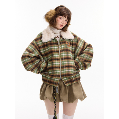 ziziFei秋冬加厚美式复古休闲显瘦设计感绿色毛呢格纹毛领外套女