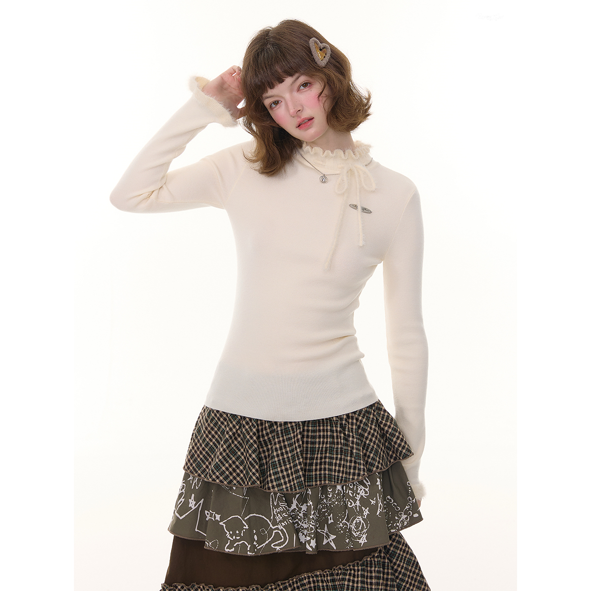 ziziFei秋冬美式设计感蝴蝶结木耳边修身显瘦杏色针织衫打底衫女