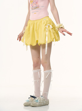 ziziFei夏美式复古设计感蝴蝶结高腰显瘦黄色a字花苞裙半身短裙女