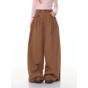 女 复古高腰显瘦宽松阔腿直筒棕色弯刀休闲长裤 ziziFei秋冬季 美式