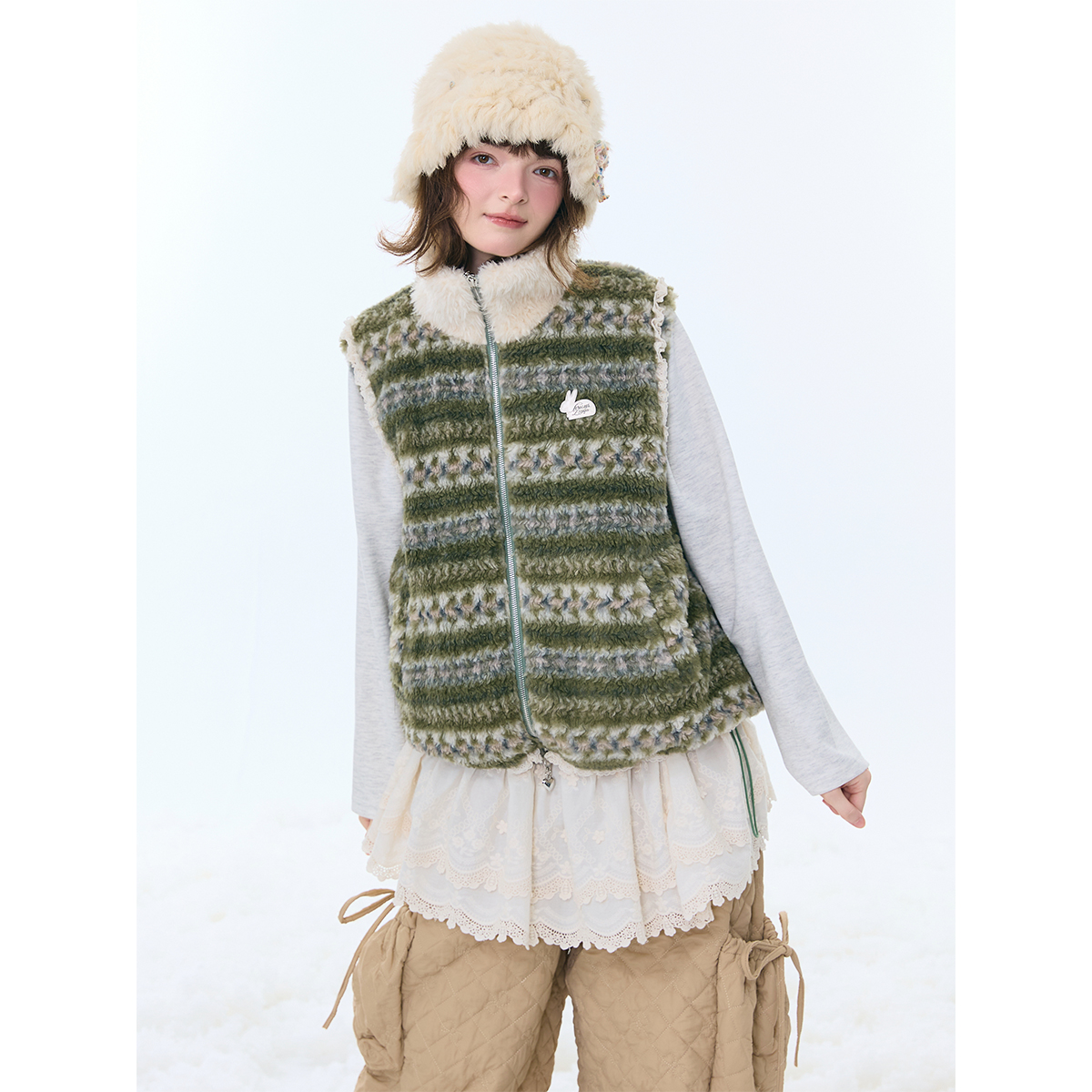 ziziFei秋冬美式复古设计感摇粒绒费尔岛绿色毛领背心马甲外套女