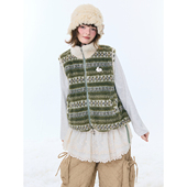 ziziFei秋冬美式 复古设计感摇粒绒费尔岛绿色毛领背心马甲外套女