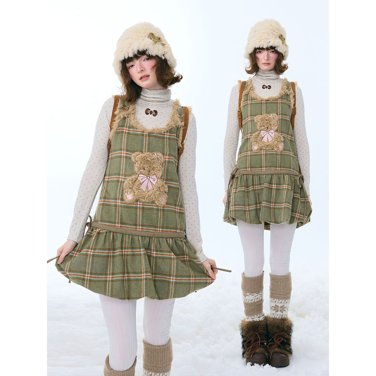 ziziFei秋冬季美式设计感绿色格纹毛绒小熊兜兜下摆背心连衣裙女
