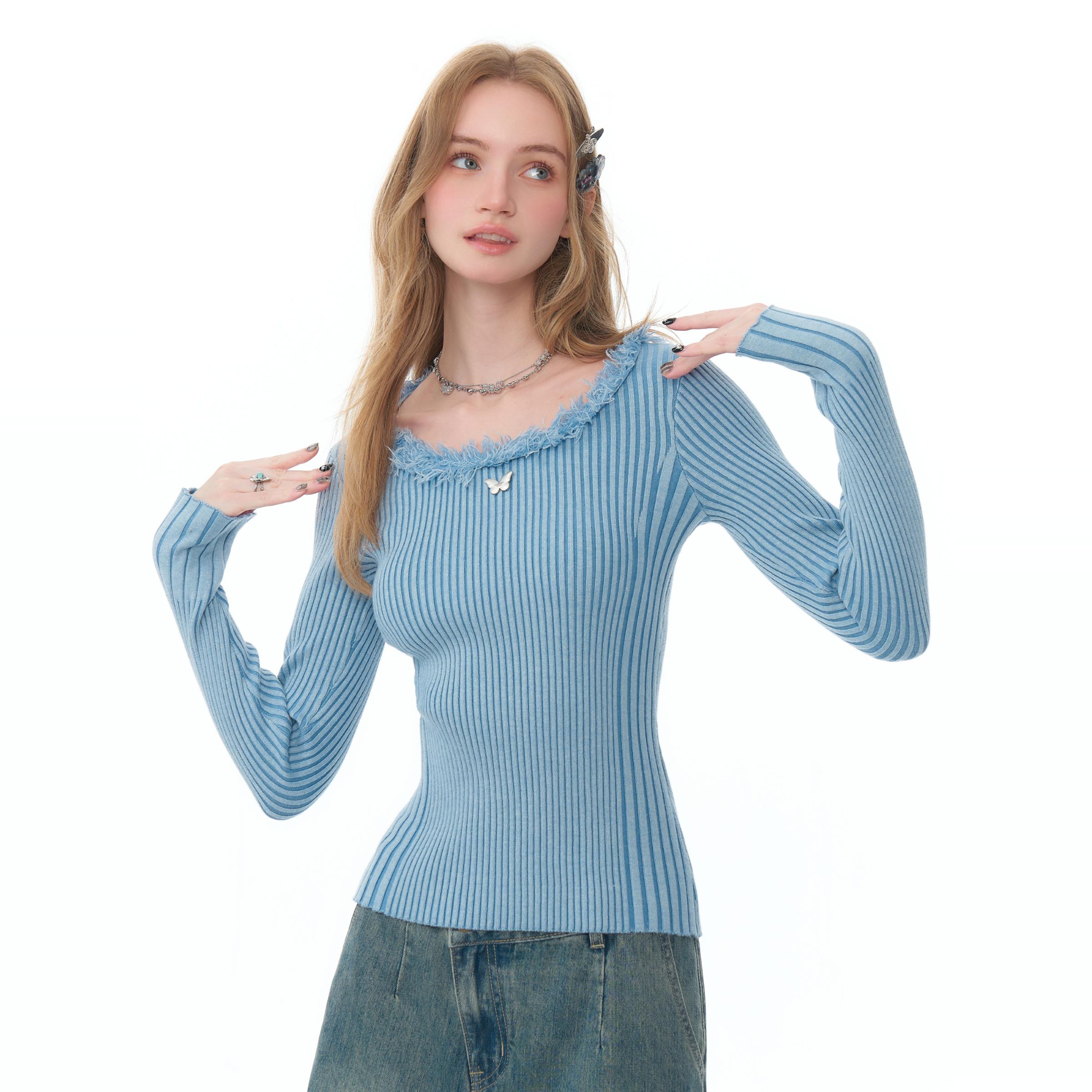 ziziFei秋冬季美式复古圆领流苏边上衣蝴蝶修身显瘦针织打底衫女