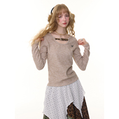 ziziFei秋冬美式 女 T恤针织打底衫 设计感修身 显瘦上衣豹纹扣领长袖