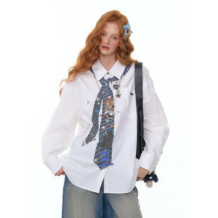 ziziFei秋冬季美式复古设计感中长款宽松领带印花白色长袖衬衫女