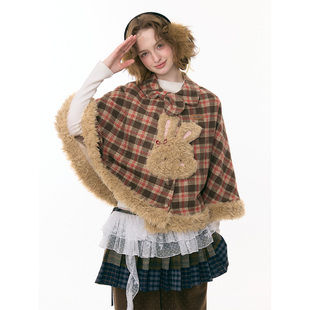 ziziFei''兔兔的童话冒险''秋冬棕色格纹毛绒兔子斗篷披肩外套女