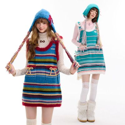 ziziFei秋冬美式复古新款设计感条纹蝴蝶结针织打底背心连衣裙女