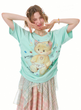 ziziFei''小熊软糖''夏季宽松显瘦上衣小熊印花绿色v领短袖t恤女