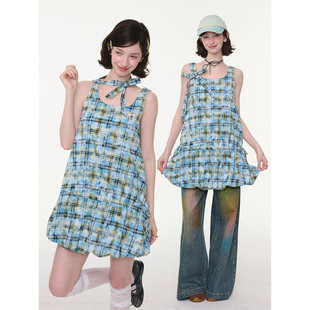 方领蝴蝶结收腰蓝绿格纹兜兜连衣裙女 夏新款 ziziFei 青柠方格
