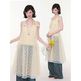 波点网纱半透叠穿吊带背心黄色连衣裙女 夏季 ziziFei 波序漾甜