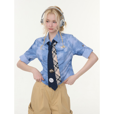 ziziFei''染清梦''夏雾霾蓝格纹晕染收腰显瘦上衣修身短袖衬衫女