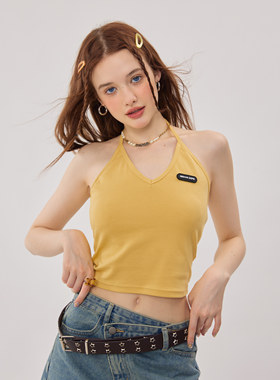 ziziFei夏美式复古辣妹短款黄色外穿多巴胺V领挂脖露肩背心吊带女