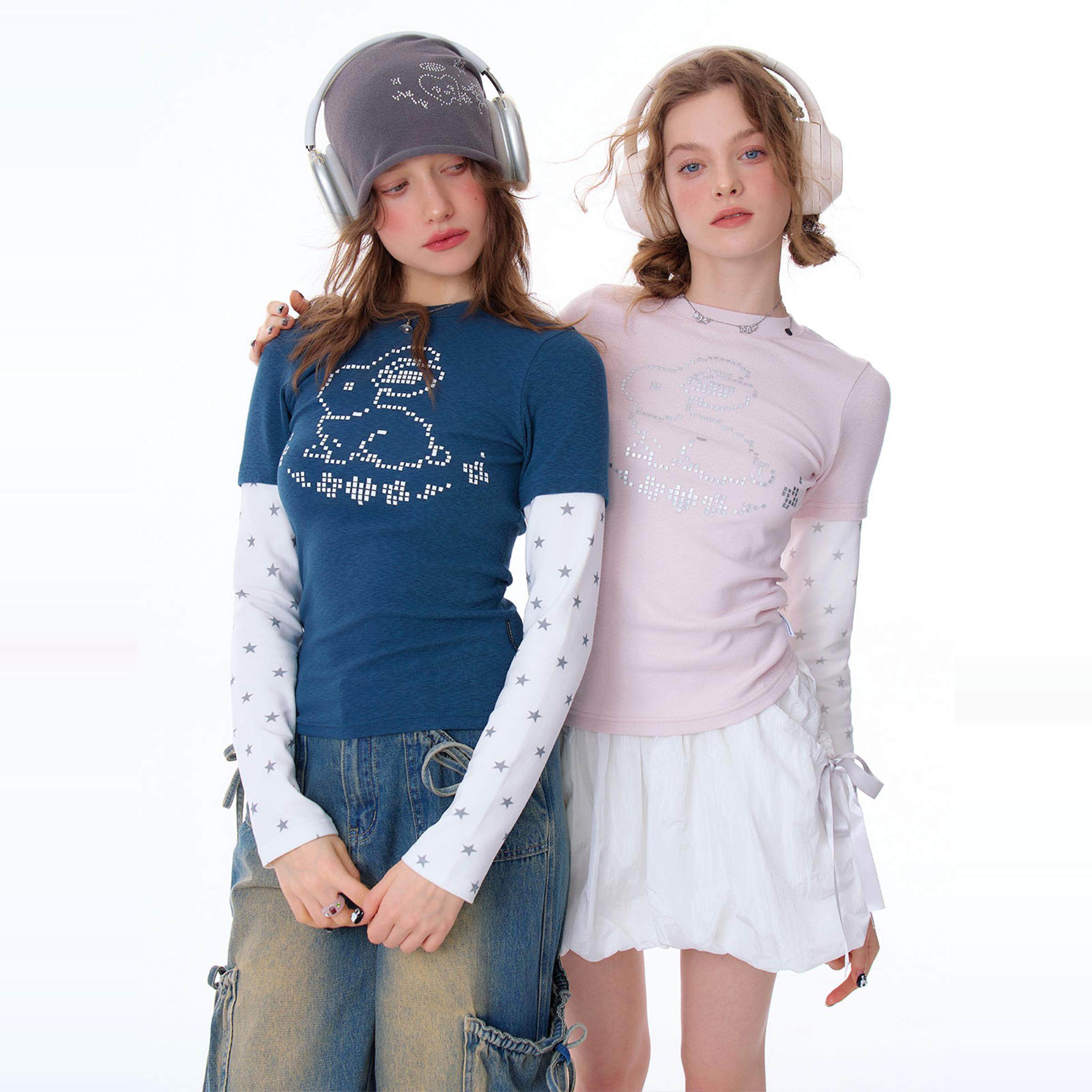 ziziFei春夏美式复古设计感像素兔子印花拼接假两件星星长袖T恤女,女装/女士精品,T恤,淘宝优惠券,粉丝福利购,淘宝优惠卷