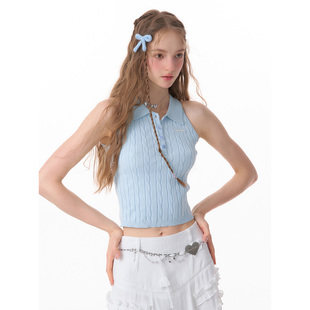 新款 外穿修身 美式 上衣短款 polo领针织背心女 复古无袖 ziziFei夏季