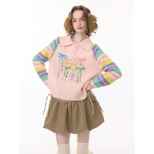 彩色条纹polo领蝴蝶结粉色毛衣女 秋冬季 ziziFei 彩虹少女日记