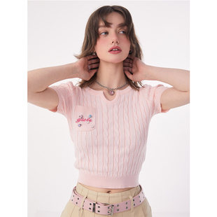 短袖 复古紧身设计感碎钻石针织上衣正肩修身 T恤女 美式 ziziFei夏季