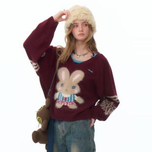 ziziFei秋冬季 复古设计感毛绒兔子圣诞V领软糯厚实红色毛衣女 美式