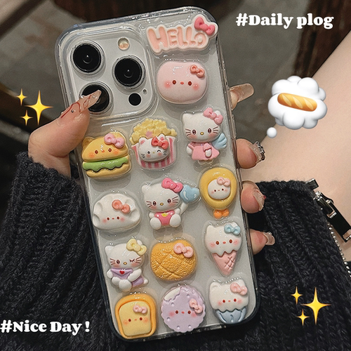 日韩可爱立体食物Kitty猫适用苹果16 15promax手机壳iPhone14新款13 12pro小众创意软壳11女xsmax防摔保护套
