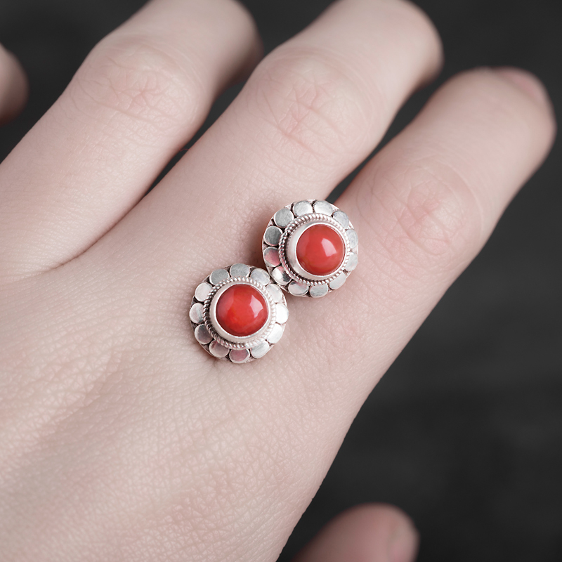 尼泊尔手工纯银民族风宝石女耳钉