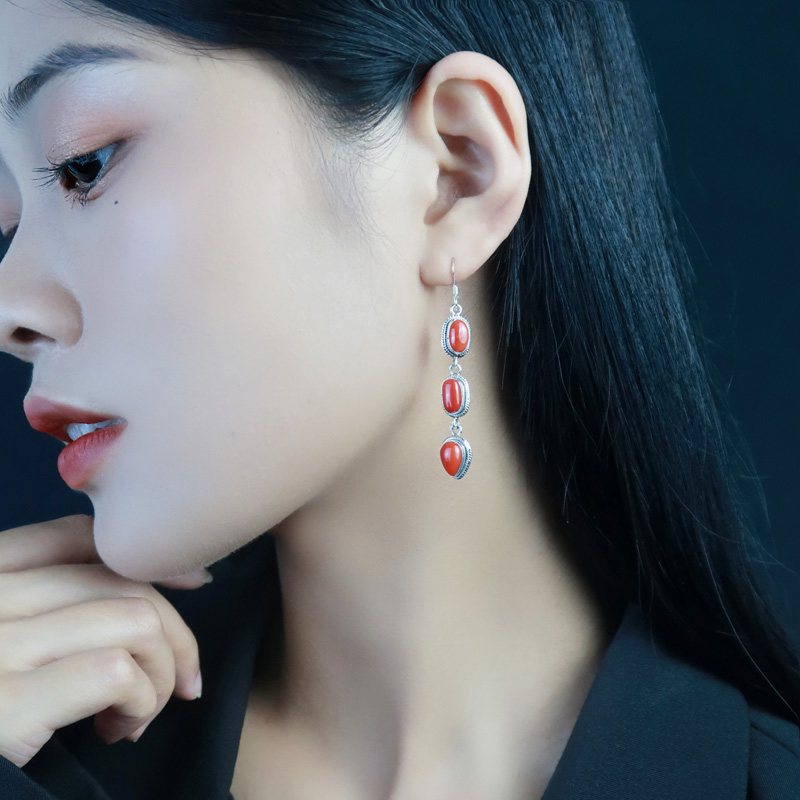 尼泊尔手工民族风宝石女纯银耳环