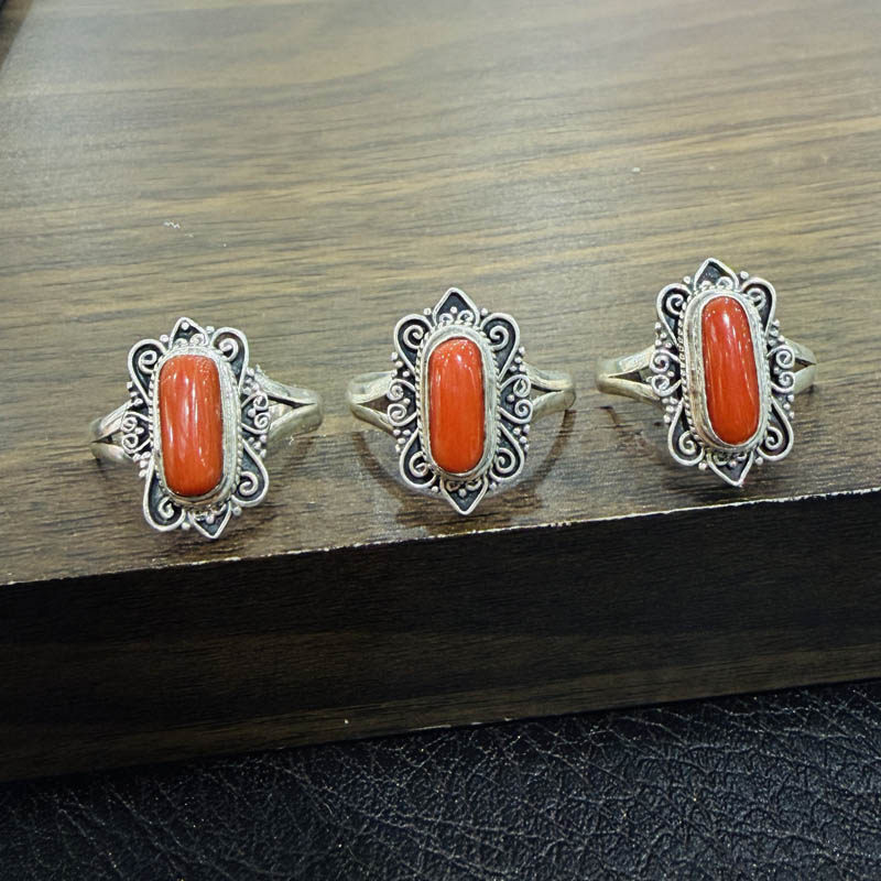 尼泊尔手工银饰品925银镶嵌宝石戒指女 开口藏式复古个性民族指环