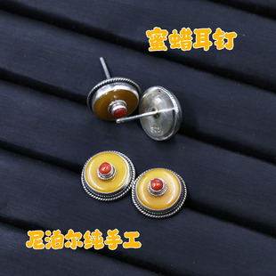 尼泊尔手工S925银饰品蜜蜡耳钉女款 创意复古民族风 耳饰简约个性