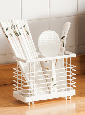 日式白色沥水筷子笼壁挂厨房台面筷笼篓勺子家用免打孔铁艺置物架