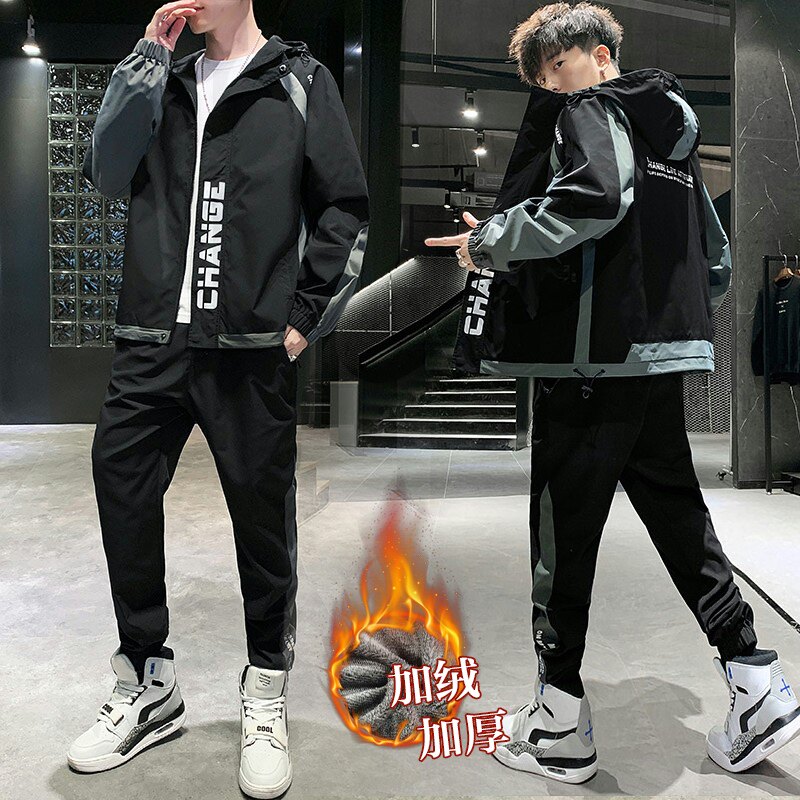 秋冬套装男加绒加厚休闲运动潮流两件套XZ313B-1-A80107-P100,男装休闲套装,星座313B-2