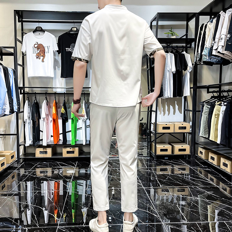 主推新款中国风套装男短袖大码汉服时尚两件套XZ313B-1-TZ888-P50,男装休闲套装,星座313B-2