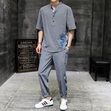 夏季新款主推中国风男士大码刺绣休闲套装XZ313B-1-TZ890-P55，男装休闲套装，星座313B-2
