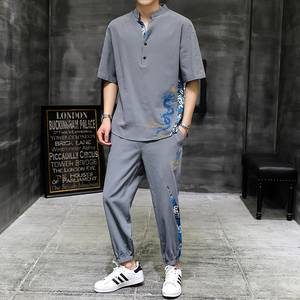 夏季新款主推中国风男士大码刺绣休闲套装XZ313B-1-TZ890-P55图片