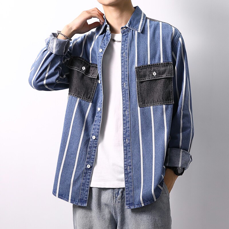 CY955-P65主推秋季新款加厚高品质男士日系宽松牛仔衬衣XZ313B-1,男装衬衫,星座313B-2