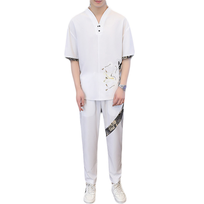 主推大货中国风套装男短袖大码汉服两件套XZ313B-1-TZ888-P50,男装休闲套装,星座313B-2