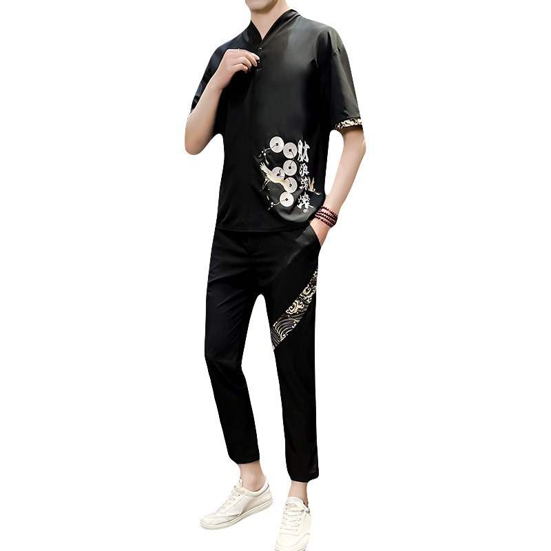 主推新款中国风套装男短袖大码汉服时尚两件套XZ313B-1-TZ888-P50,男装休闲套装,星座313B-2