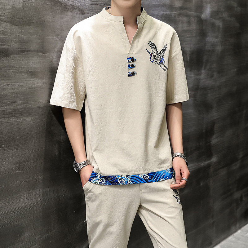 主推新款中国风大码刺绣棉麻男士休闲套装XZ313B-1-TZ889-P50,男装休闲套装,星座313B-2