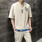 主推新款中国风大码刺绣棉麻男士休闲套装XZ313B-1-TZ889-P50，男装休闲套装，星座313B-2