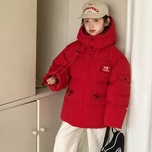女童红色羽绒服2026冬装新款外套女大童上衣初中生面包服新年衣服