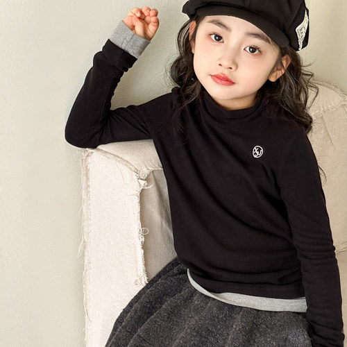 女童打底衫2025新款儿童假两件半高领内搭超好看大童休闲弹力上衣