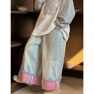 女童牛仔裤春秋款2026新款初中生春装阔腿裤女大童装宽松直筒裤子