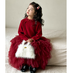 女童连衣裙2026女大童针织网纱裙红色新年战袍公主裙儿童蛋糕裙字