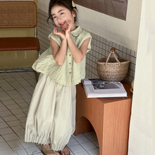 女童夏装套装2025新款女孩无袖衬衫儿童阔腿直筒防蚊灯笼裤两件套