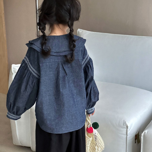 女童牛仔衬衫翻领洋气休闲上衣