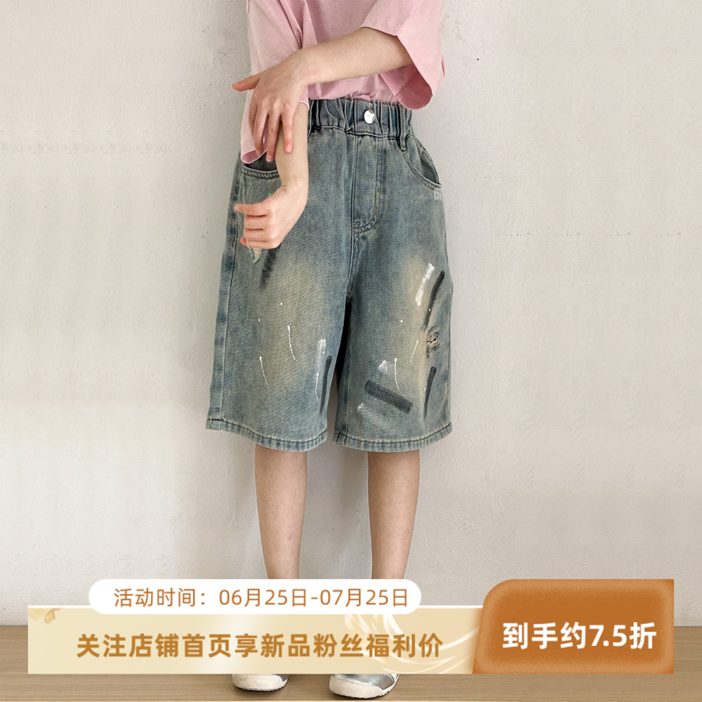 女童牛仔短裤2025新款夏季青少年休闲中裤夏季大童涂鸦破洞五分裤