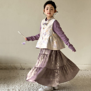 女童汉服套装2026冬季新款儿童新中式马甲女大童半裙拜年服三件套