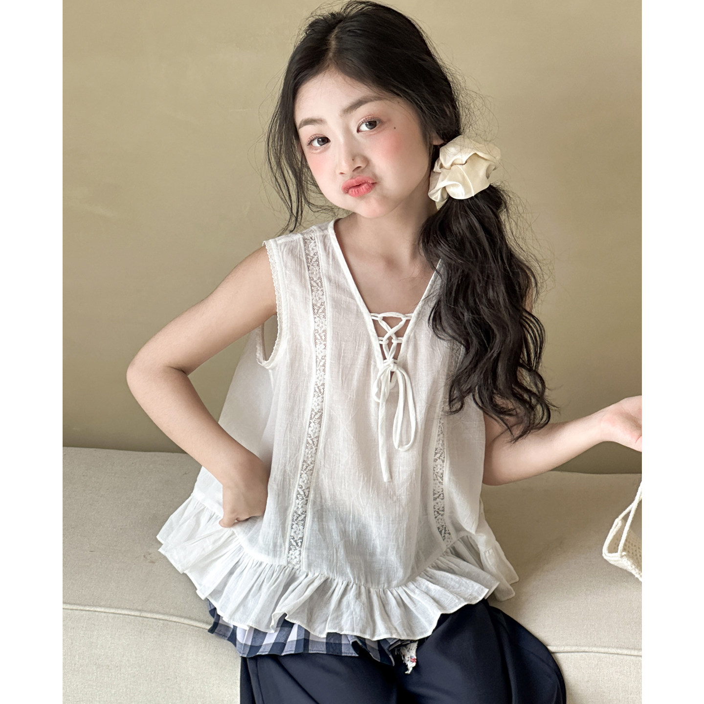 女童无袖花边衬衫夏装韩国童装女大童夏季巨好看上衣儿童百搭衬衣