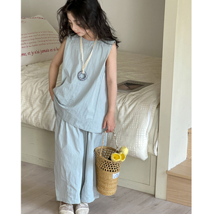 女童夏套装2026新款女大童夏季法式纯色无袖背心上衣儿童薄款裤子