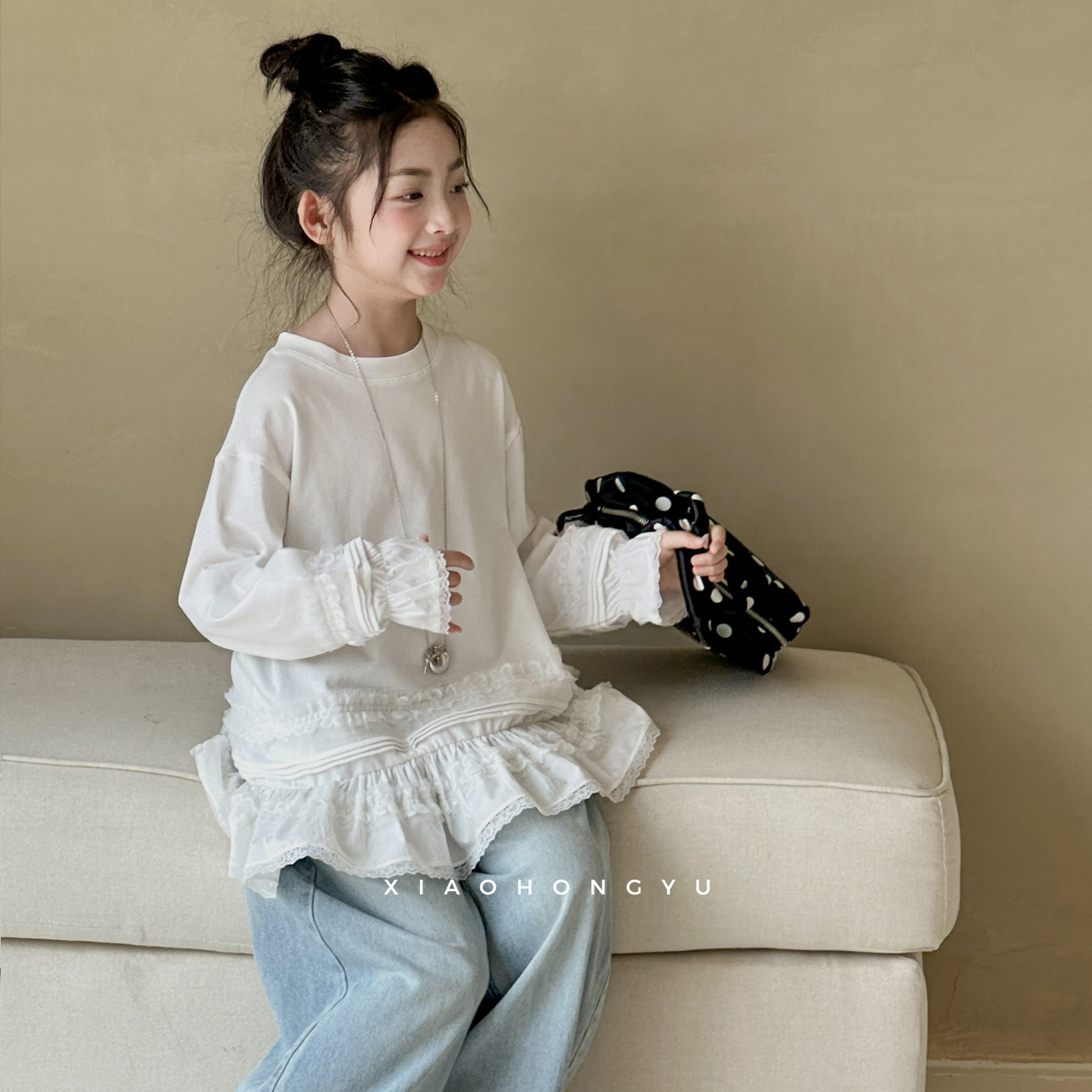 女童长袖T恤秋装女大童秋季蕾丝花边上衣初中生独特巨好看上衣服