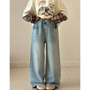 女童牛仔裤春秋款2026新款初中生春装宽松直筒裤女大童装烫钻裤子