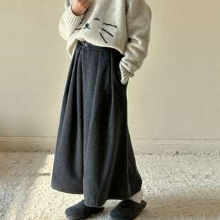 女童加绒裤子秋冬款女大童绵羊毛混纺毛呢裤加厚休闲裤八分阔腿裤